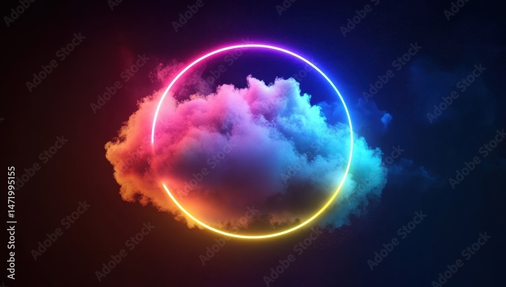 Aufkleber radiant neon circle enclosing multicolored cloud in a dark cosmic scene with glowing effects and abs