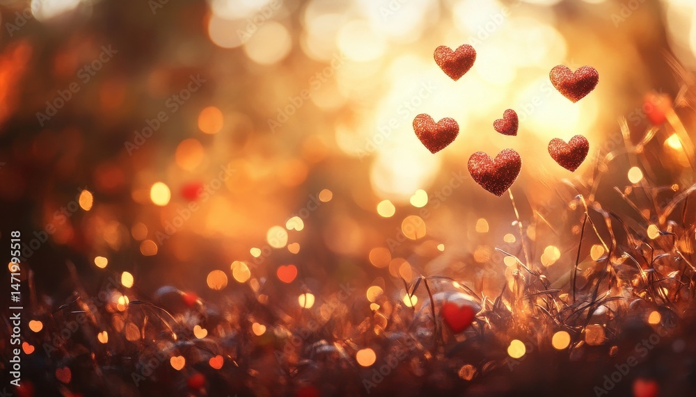 Poster romantic sparkly hearts floating in a golden bokeh background for valentine's day celebration with r