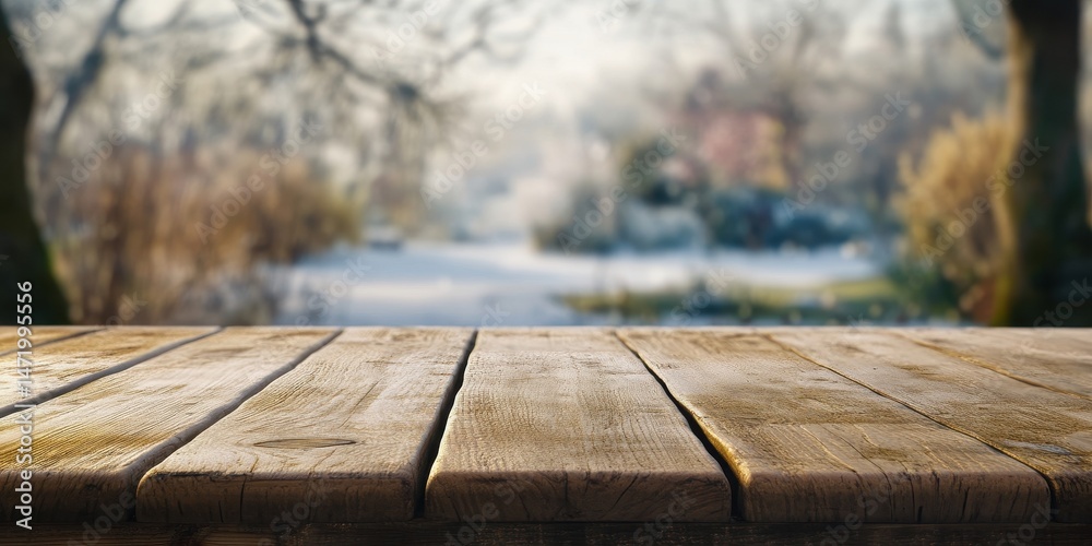 Poster rustic wood table in a snowy winter garden with bare trees a textured brown surface and bright dayli