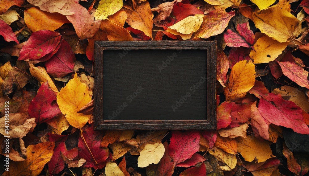 Poster rustic wooden frame surrounded by vibrant autumn leaves in a textured fall background with rich red 