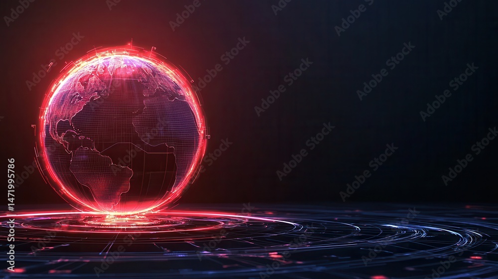 Poster a glowing digital globe with red neon lines, hovering above a futuristic circular platform on a dark