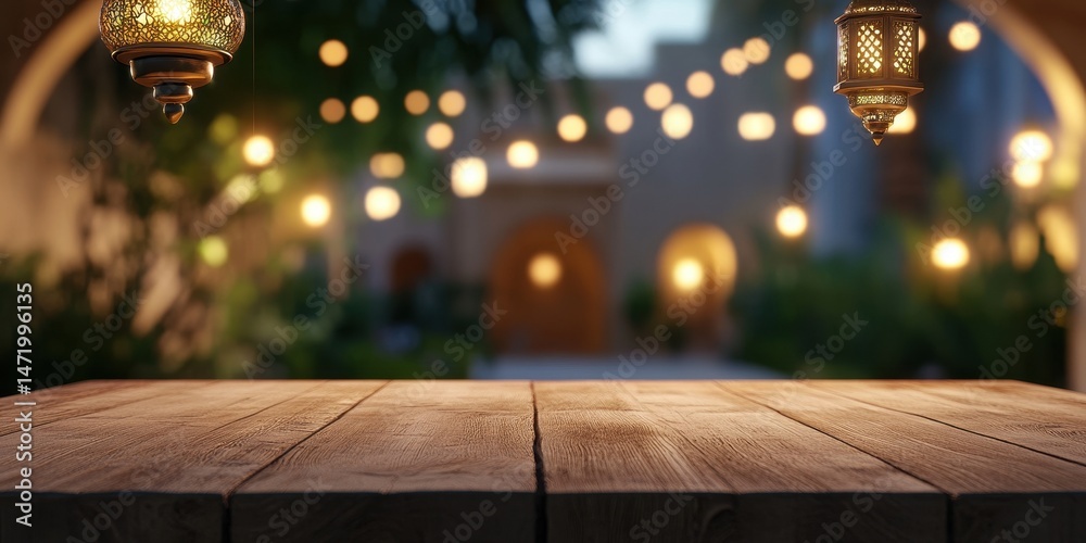 Poster rustic wooden table with decorative lanterns and soft backlight in arabian style with arched buildin