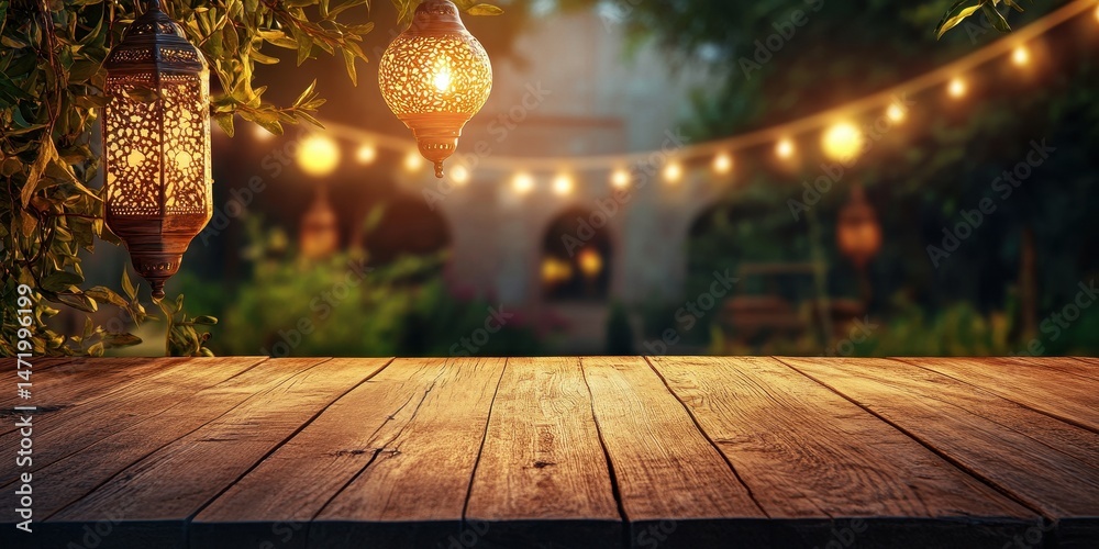 Aufkleber Rustic Wooden Table with Decorative Lanterns and Warm String Lights in a Tranquil Garden Setting at Night for Festive Outdoor Celebration