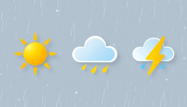 Weather forecast with three icons representing sunny, rainy, and stormy conditions. The image suggests weather predictions