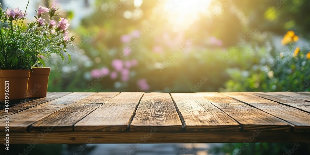 Aufkleber rustic wooden table with potted pink flowers and blurry green garden background in sunlight creating