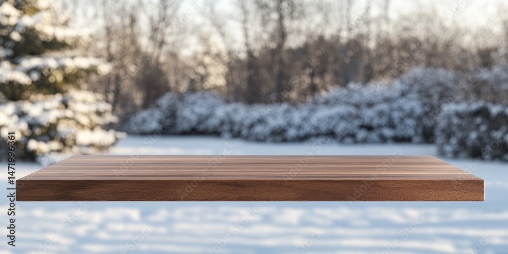 Poster rustic wooden tabletop overlooking a tranquil winter landscape with snow covered trees and natural l