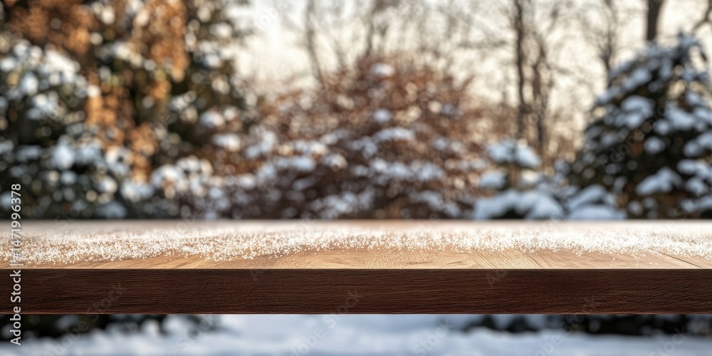 Poster rustic wooden tabletop overlooking a blurred snowy winter landscape with evergreen trees and bare br