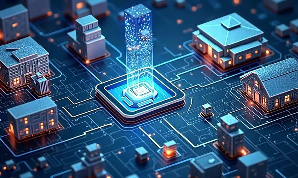 Digital network of buildings abstract illustration