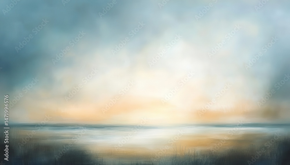 Poster serene abstract seascape with soft golden light on ocean horizon with textured background in shades 