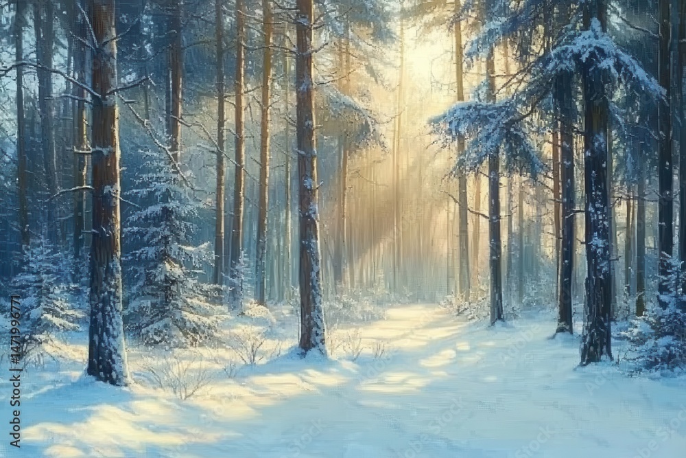 Aufkleber Snow Covered Forest Path in Winter with Sunlight Filtering Through Trees Creating a Cold and Tranquil Snowy Landscape Scene