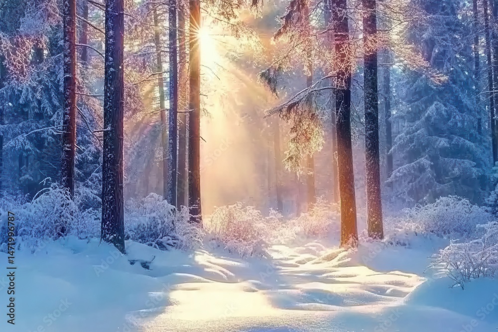 Poster Snow Covered Trees in a Tranquil Winter Forest with Bright Sunlight and a Snowy Path Creating a Cold and Beautiful Natural Scene