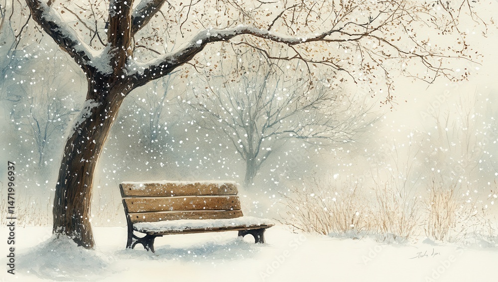 Poster snowy park bench beneath bare tree branches in a winter landscape with a soft watercolor texture and