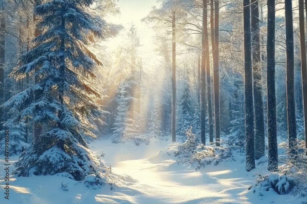 Poster snowy winter forest landscape with sunlight filtering through tall trees scenic path through the sno