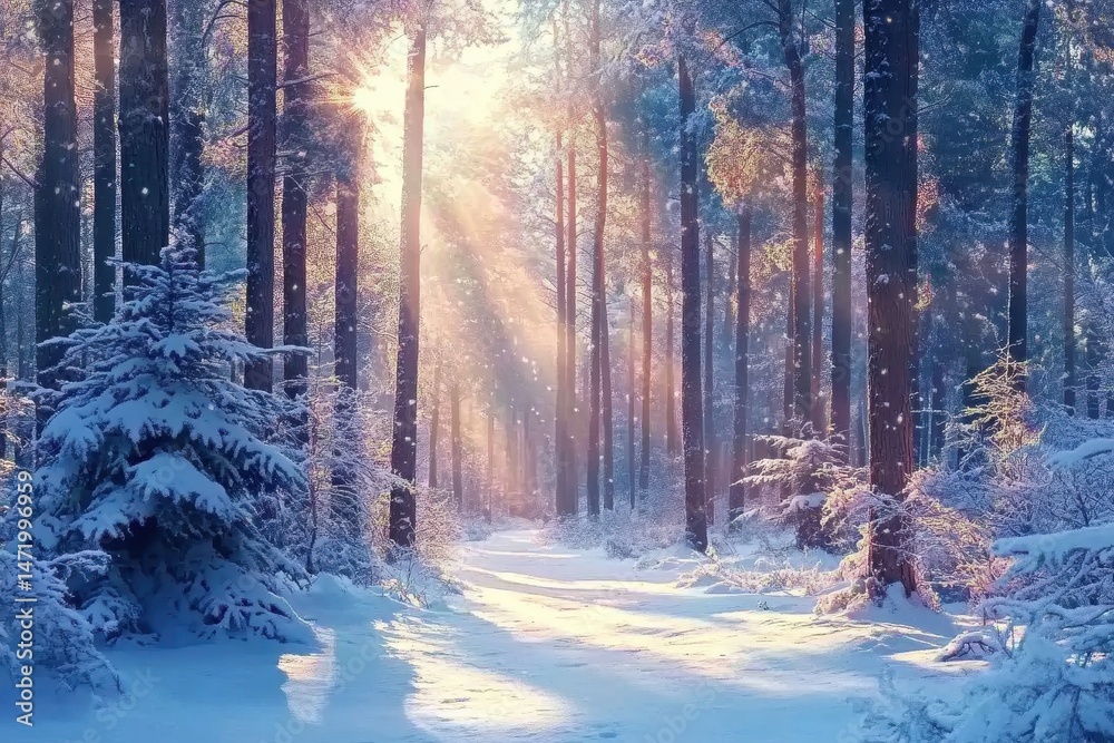 Poster Snowy Path Through Winter Forest with Sunlight Breaking Through Trees Cold Scenic Landscape with Frost and Blue Tones Creates a Tranquil Scene in a Rural Setting