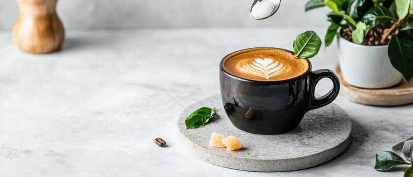 Black coffee cup with a latte art design on it. the cup is placed on a grey marble coaster with a few coffee beans scattered around it.