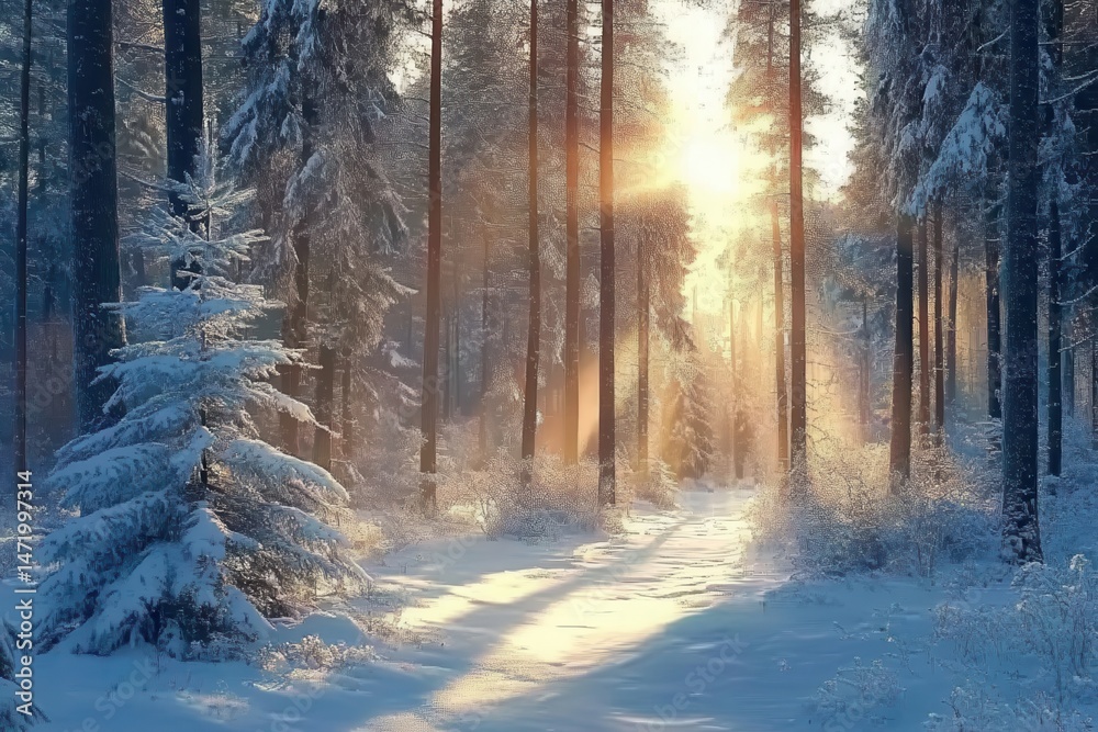 Aufkleber Sunlit Winter Wonderland Snowy Forest Path Through Trees Sunlight Streaming Through Branches Creating a Golden Glow on the Fresh Snow Covering the Ground