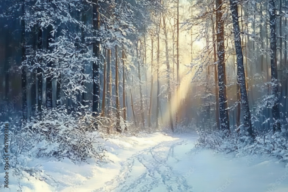 Poster sunlit snowy forest path landscape with tall trees in winter season cold temperature and beautiful n