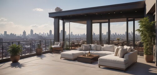 Obraz premium Luxurious condo unit, panoramic city view from private rooftop terrace , panorama, highrise