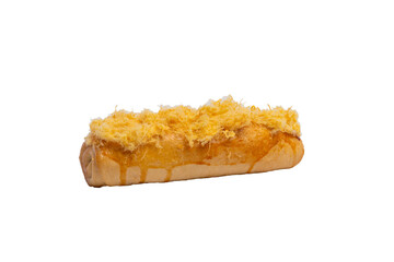 A golden-brown, oblong pastry is generously topped with shredded, fluffy, light-yellow meat floss, isolated against a stark white background.