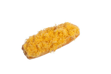 A golden-brown, oblong pastry is generously topped with shredded, fluffy, light-yellow meat floss, isolated against a stark white background.