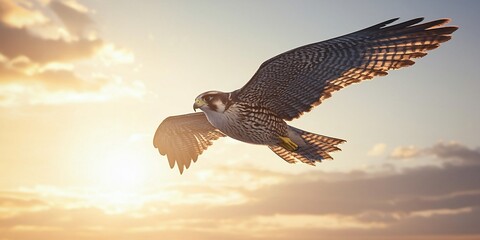 Fototapeta premium Peregrine falcon soars through golden sunset, portraying natural grace and precision