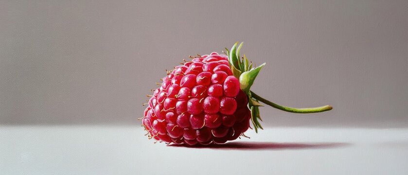 Close-up of a single raspberry with a green stem. the raspberry is round and plump, with a bright red color and small bumps on its surface.