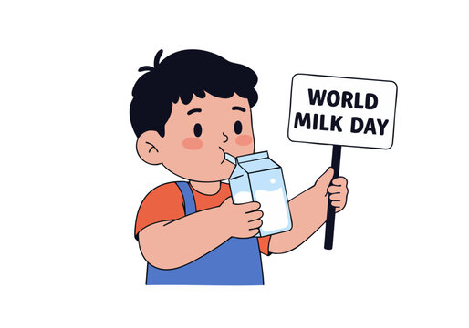 A cheerful young boy holds a carton of milk and a sign reading 'World Milk Day'. He?s smiling and drinking from the carton, creating a cute and wholesome image.