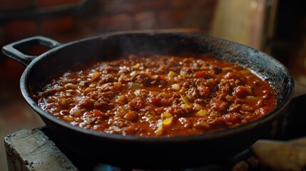 Spicy meat stew cooking in a pan