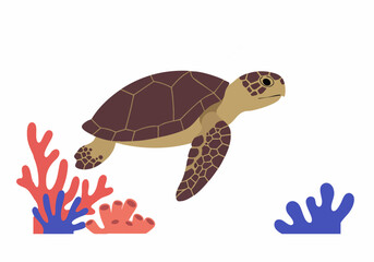 Colorful illustration celebrates World Reef Awareness Day! A turtle swims amidst coral, promoting ocean conservation. Bright, playful design suitable for educational materials.