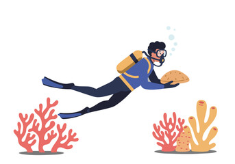 Diver explores a vibrant coral reef. AW/Reness Day 2025 illustration features a scuba diver with a treasure chest, promoting ocean conservation. Bright, colorful, and engaging.
