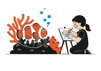 A young girl draws a clownfish in a coral reef, capturing the beauty of marine life. Bright, cheerful illustration for World Reef Awareness Day.