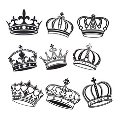 Vector Crown Icons Set - King and Princess Crown Silhouettes, Symbol Collection, and Royal Vector Illustrations