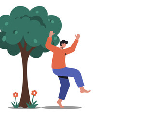 A man enjoys Go Barefoot Day outdoors, feeling the earth beneath his feet. A stylized tree and vibrant colors create a cheerful, modern illustration. Perfect for lifestyle and wellness themes.