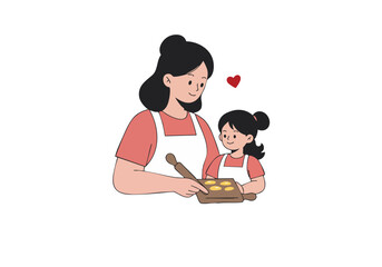A loving mother and daughter bake together, sharing a sweet moment. Warm colors and a cheerful illustration celebrate Parents Day 2025. Ideal for family, love, and celebration themes.
