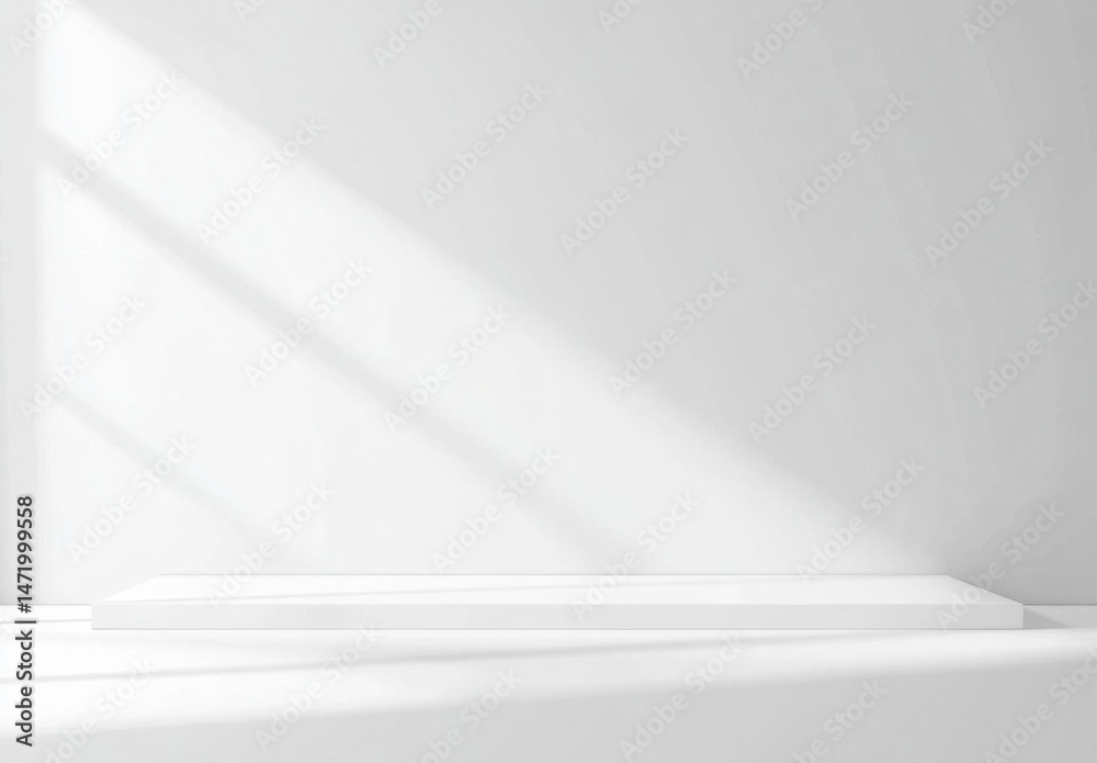 Poster minimalist white platform with sunlight shadows, ideal for product display or presentation. clean, m
