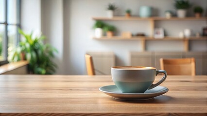Obraz premium Minimalist ceramic coffee cup with saucer on a wooden table in a modern room, ceramic, home, ceramic