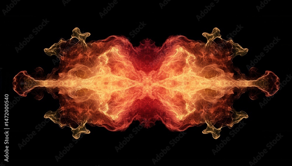 Fototapete Symmetrical Fiery Particle Explosion Against Black Background in Abstract Art Style with Vibrant Orange and Yellow Colors Creating a Dynamic Glow Effect