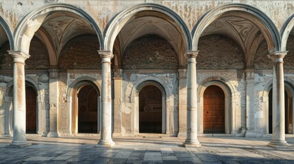 Obraz premium Classical building with arches and columns stock photo --ar 16:9 --raw --v 6 Job ID: 7161ca88-c07d-4dc0-ba85-7a79696d3ecb