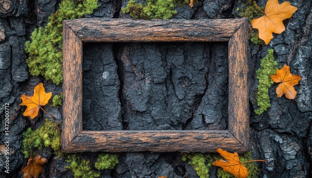 Poster top down view of wooden frame on dark tree bark covered in moss and scattered orange fall leaves wit