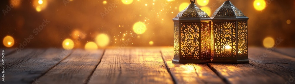 Poster Two Intricate Bronze Lanterns Glow on Rustic Wooden Surface with Bokeh Lights in a Warm and Festive Ambient Setting
