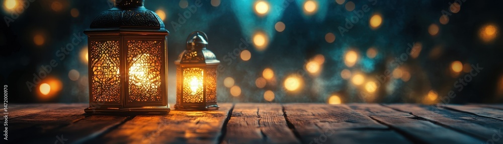 Poster two ornate golden lanterns on wooden planks with glowing bokeh lights in the background for festive 