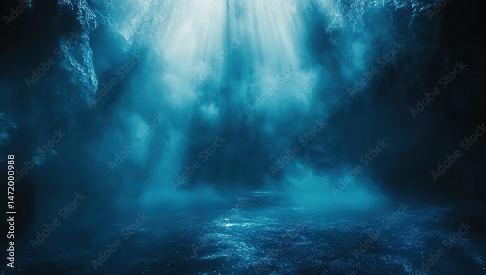 Poster underwater blue light beam creating ethereal atmosphere with dark moody cave environment deep sea oc