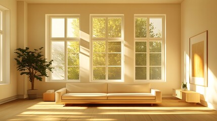 Bright and Airy Living Room with Minimalist Decor and Natural Sunlight Streaming Through Large Windows