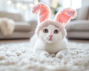 Cute cat wearing bunny hat indoors.