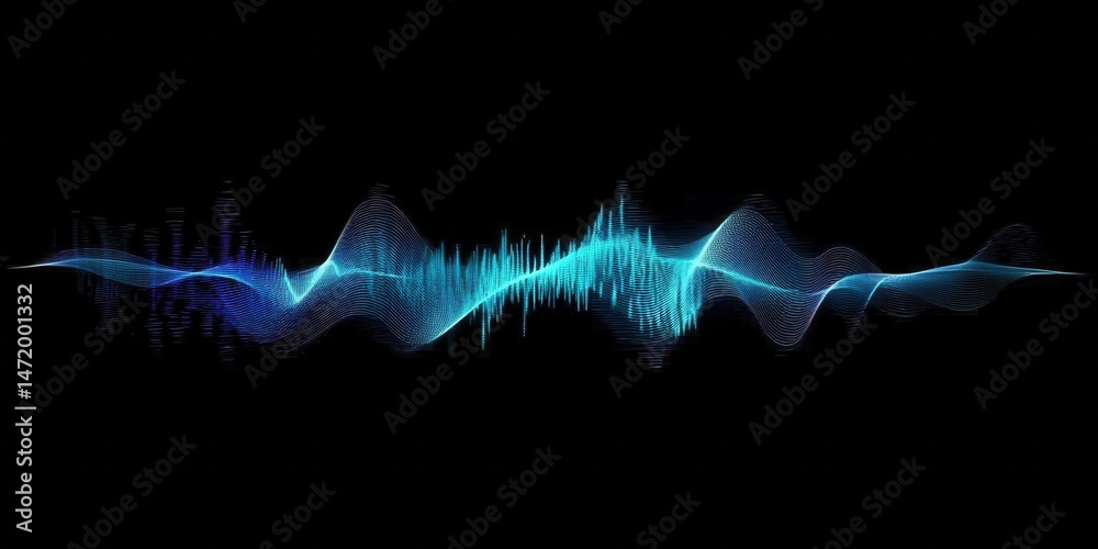 Poster Vibrant Blue Audio Waveform Visualization Against Black Backdrop Depicting Sound Frequency Spectrum Oscillation and Digital Signal Processing in a Modern and Abstract Style