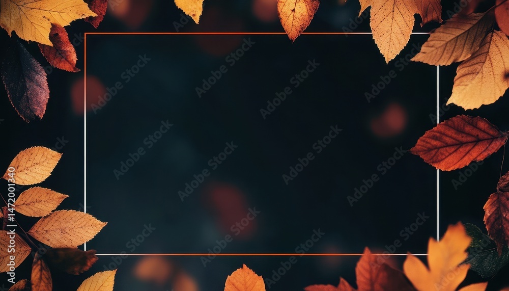 Poster Vibrant Autumn Leaves Border with a Rectangular Frame Against a Blurred Dark Backdrop Showcasing Orange Brown and Red Foliage and Textural Details Perfect for Seasonal Designs and Thanksgiving Themes