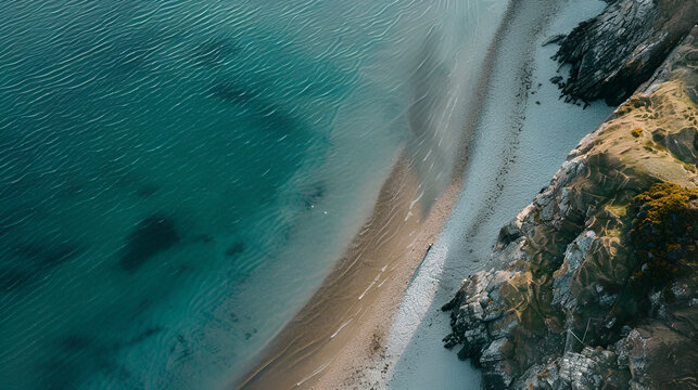 Aerial view of a sandy beach meeting turquoise ocean water with rocky cliffs on the right side