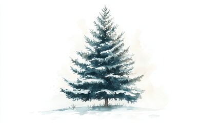 Watercolor Illustration of a Snowy Pine Tree on White Background Evergreen Spruce with Delicate Brushstrokes Perfect for Winter and Christmas Themes