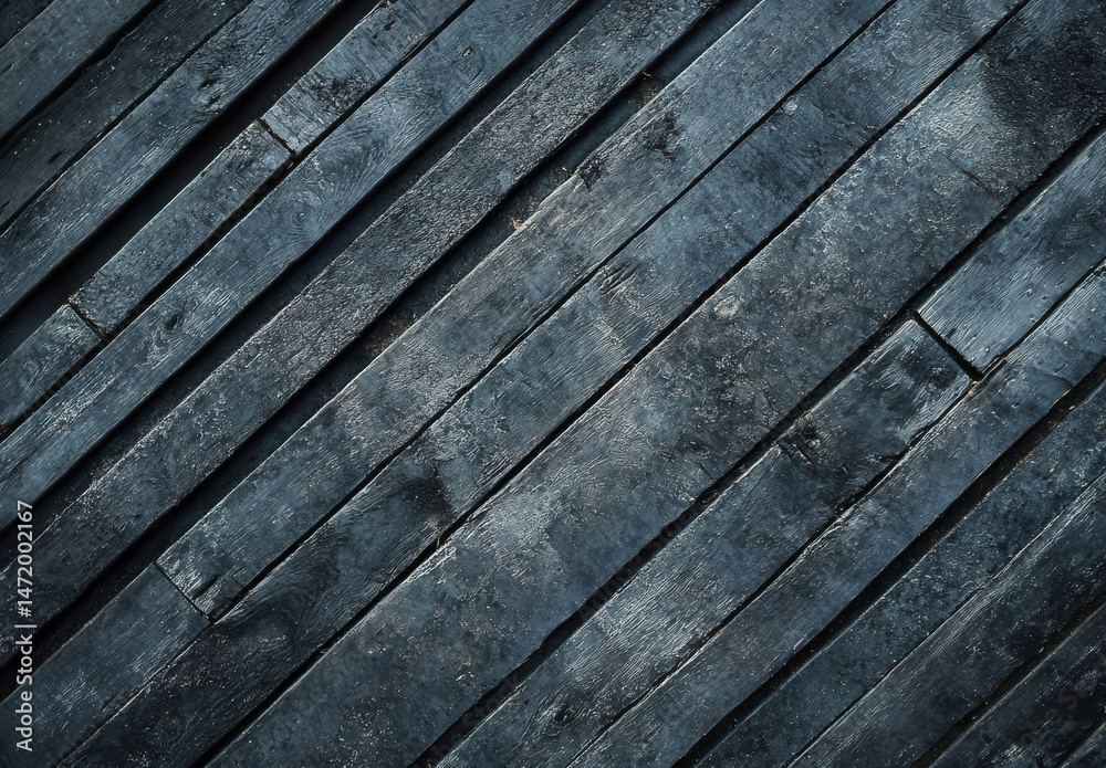 Poster dark, diagonal wooden planks: a textured background image of deep blue-gray wood, ideal for design p