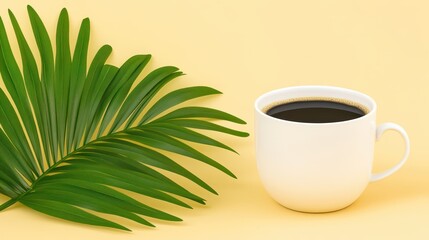 White Coffee Cup with Green Tropical Leaf on Yellow Background